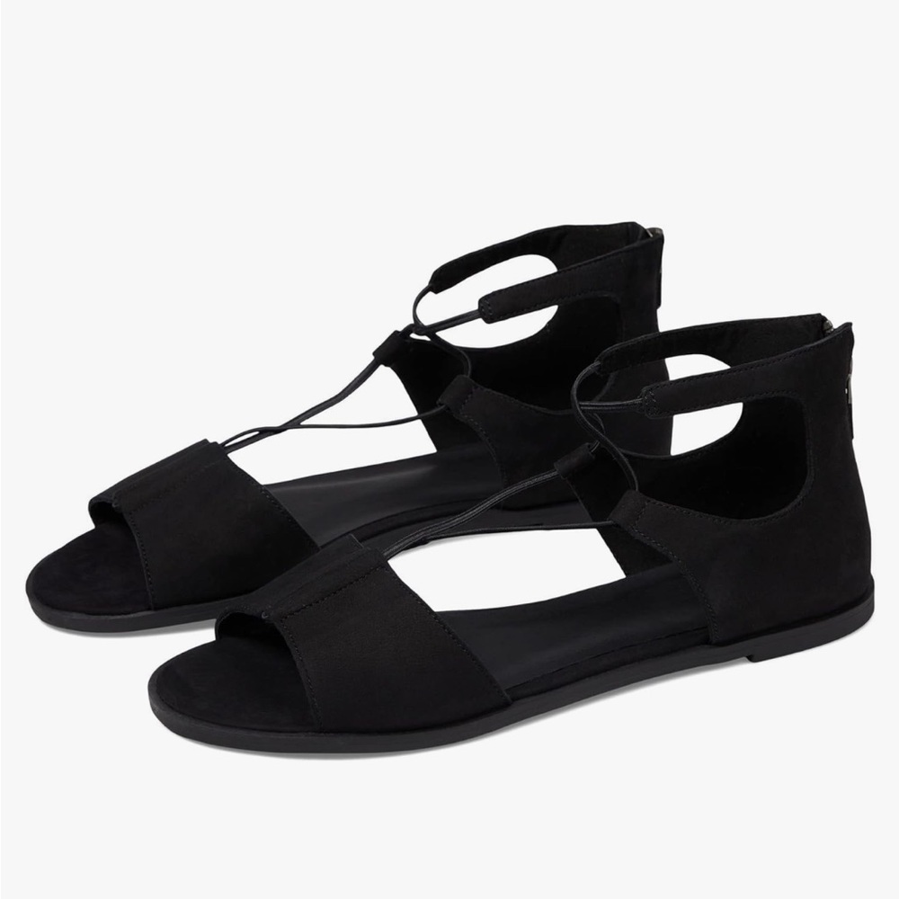 Eileen Fisher Rose Black Suede Flat Dress Strappy Sandals Shoes sz 6